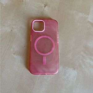 Otter Box iPhone 14 MagSafe Compatible Phone Case. Soft translucent pink swirl.